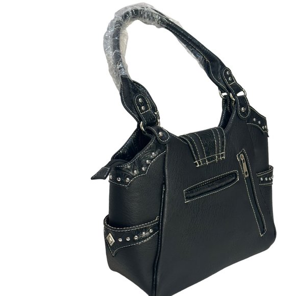 (8-209) Brand New w/Tag Black Leather-Like Western Shoulder Handbag - Picture 3 of 10